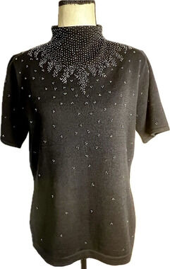 Vintage Doncaster Beaded Wool Mock Neck Sweater Hong Kong Short Sleeve Women Med